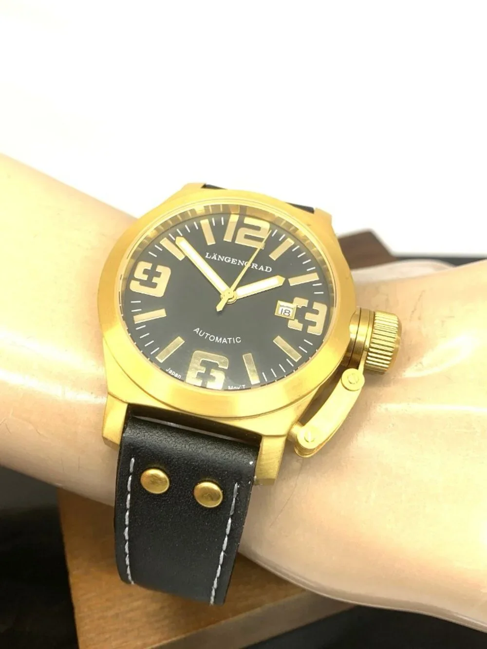 Längengrad Men's Watch 121 Automatic Gold Black Dial Date Leather Strap 44mm
